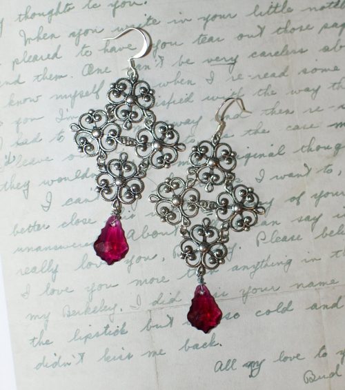 Filigree Cross Copper Earrings with Fuchsia Crystals