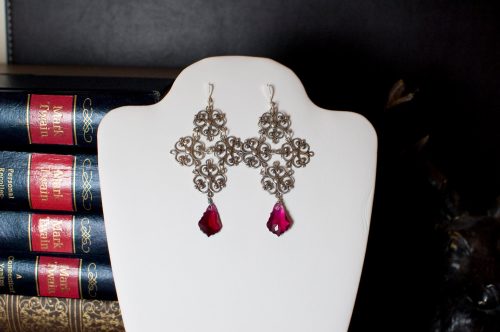 Filigree Copper Earrings with Fuchsia Swarovski Crystals