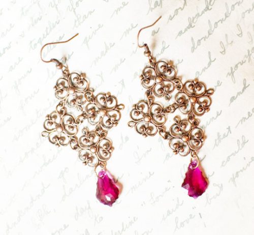 Filigree Gothic Cross Copper Earrings with Fucshia Swarovski Crystals