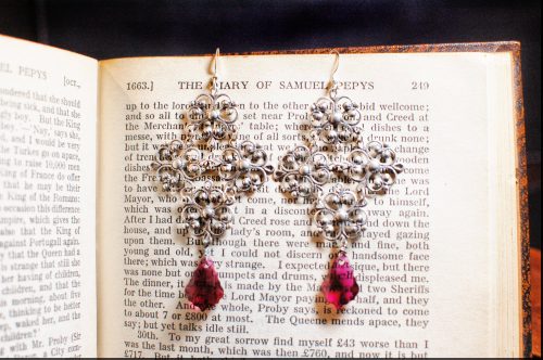 Silver Gothic Earrings with Fucshia Crystals