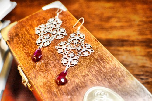 Silver Gothic Earrings with Fucshia Swarovski Crystals