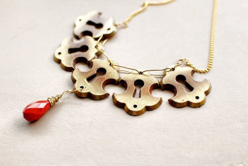 Keyhole Necklace with Coral Red Droplet - Vintage Escutcheon Hardware